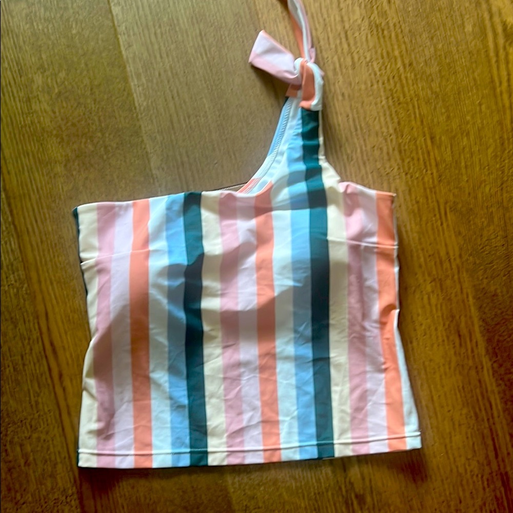 Striped One-Shoulder Swim Top